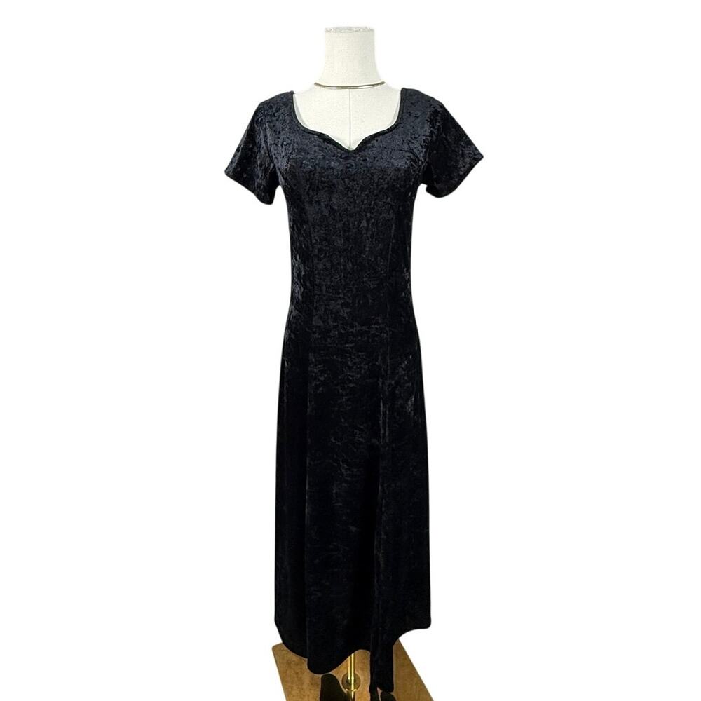 Vintage 90s Styleworks Black Crushed Velvet Maxi Dress Gothic Whimsygoth Small - Picture 2 of 10
